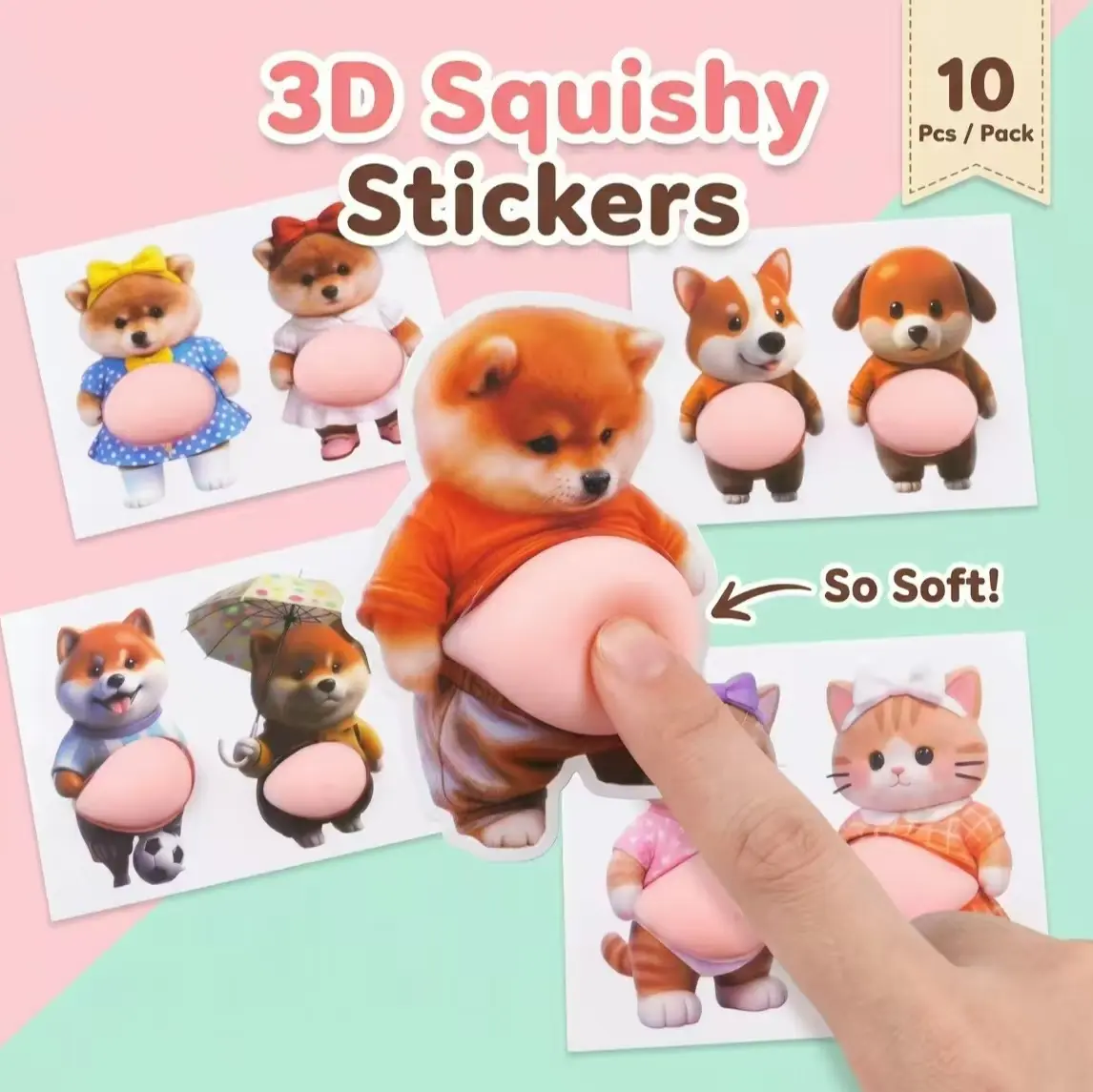 10Pcs 3D Dog & Cat Belly Mochi Squishy Stickers, Stress Relief Fidget, Cute Squeeze Toys for Kids Party Favors, Classroom Gifts, School Rewards, Fun Gift for Adults & Kids, Silicone Puffy Car Door & Wall Buffers, Valentine's Day & Easter.