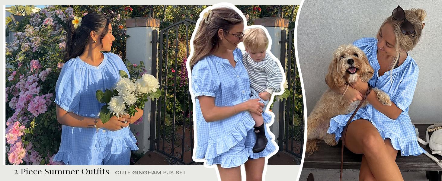 Yimoon Womens Gingham Pajamas Set Plaid Cotton Pj Set Puff Sleeve Ruffle Babydoll Shirt Shorts Summer 2 Piece Outfits