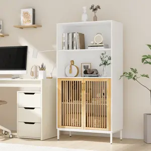 VOWNER Large Storage Cabinet with Bamboo Fence Design Door, Bookcase Bookshelf for Home Office Living Room