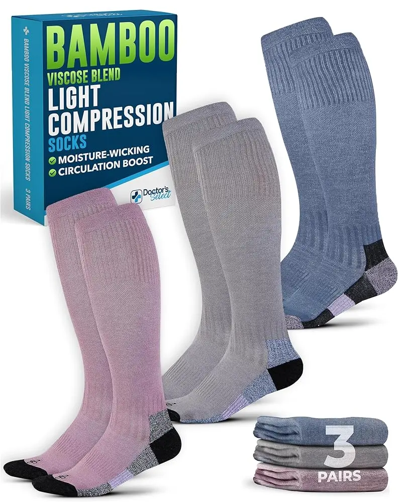 Doctor's Select Unisex 8-15 mmHg Knee High Sports Compression Socks for Adults - 3 Pairs, Cooling Circulation Boost, Edema Relief, Machine Wash, Vivid Color Hold, Gray, Blue, Rose, Compression Athletic Socks, Unisex Clothes