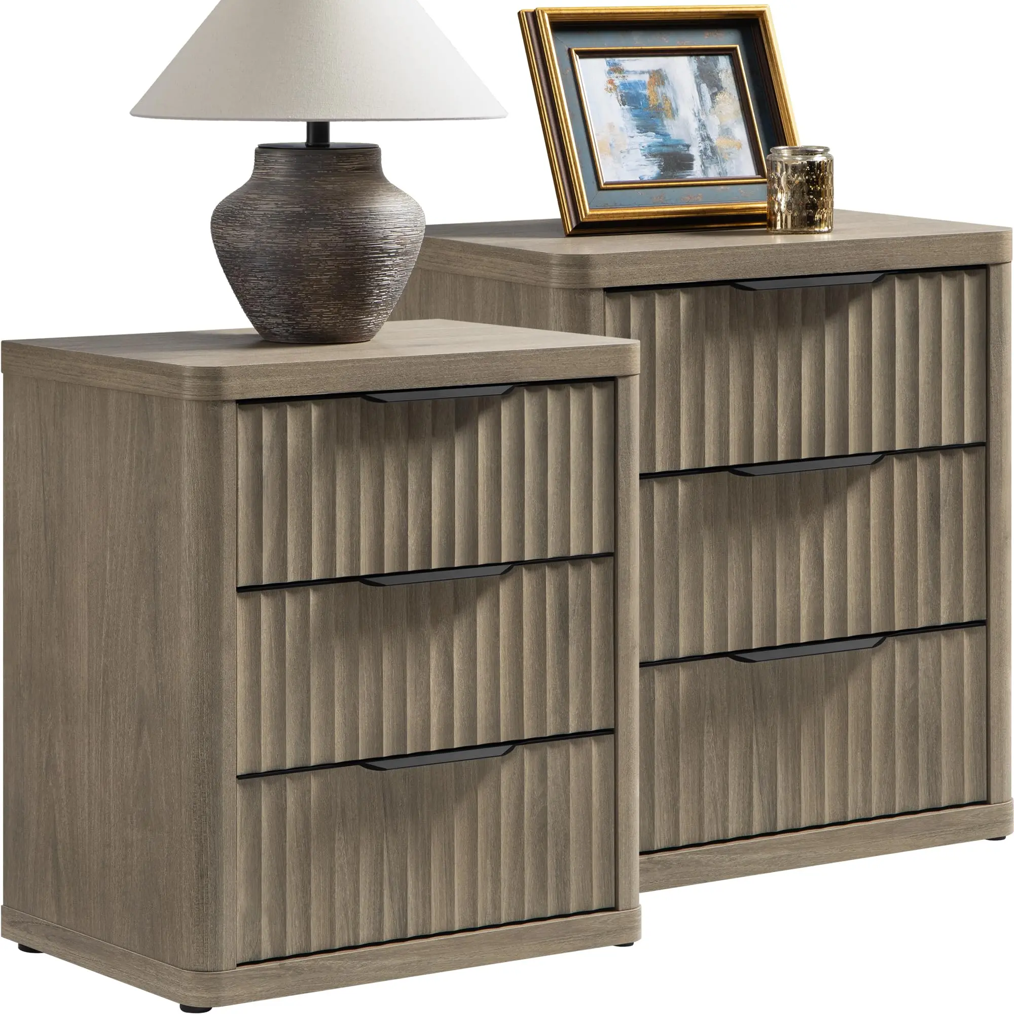 Night Stand Set of 2 Nightstands with 3 Drawers Storage Bedside Table Large Fluted Bed Side End Table Modern 25.6" Tall Wide Mid Century Night Stands for Bedroom,dorm essentials,home decor