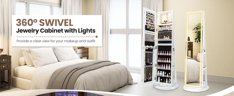 [Valentine’s Day Gift] COSTWAY 360° Swivel Jewelry Armoire with Full Length Mirror, Rear Storage Shelves, Lockable Standing Jewelry Cabinet Organizer with Interior Vanity Mirror and 3-Color Lights, Christmas Festival Gift Black Friday Cyber Monday