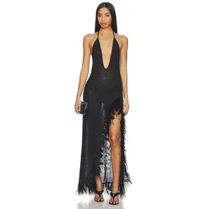 Jaded London Mesh Dress With Feather Edge in Black