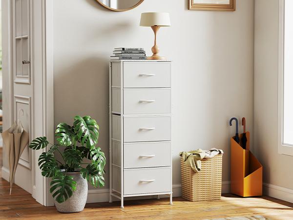 Fabric Dresser for Bedroom, 5-Drawer Tall Dressers, Storage Organizer with Fabric Bins, Wood Top, Sturdy Steel Frame, Chest of Drawers for Closet, Hallway