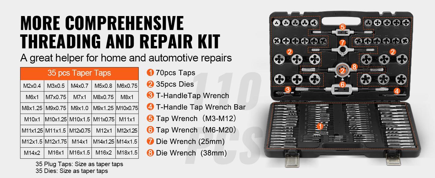 VEVOR 110-Piece Metric Tap and Die Tool Kit, M2-M18 CNC Machined Bearing Steel Hardware Work Tools, 2 Tap Wrenches, M10x1.25 Compatibility, for Mechanics, DIY Maintenance, Thread Cutting/Repair, Storage Case, Hand Tools