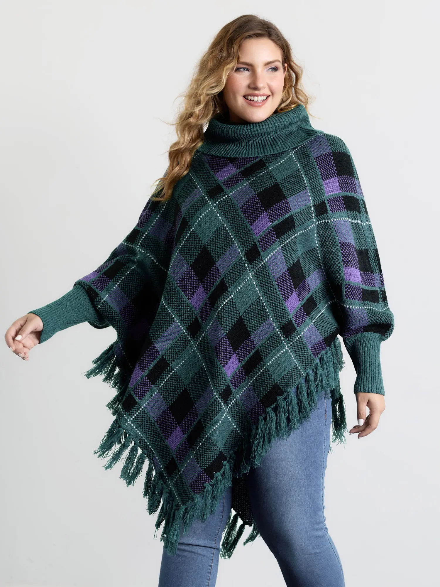 BloomChic Women's Scarlet Plaid Turtleneck Pullover Sweater - Oversized Acrylic Knit, Long-Sleeve Raglan Sleeves, Fringe Hem, Tunic Length, Loose Baggy Fit, Indigo, Low Iron, Hand Wash, Flat Dry, Do Not Dry Clean, Casual Top