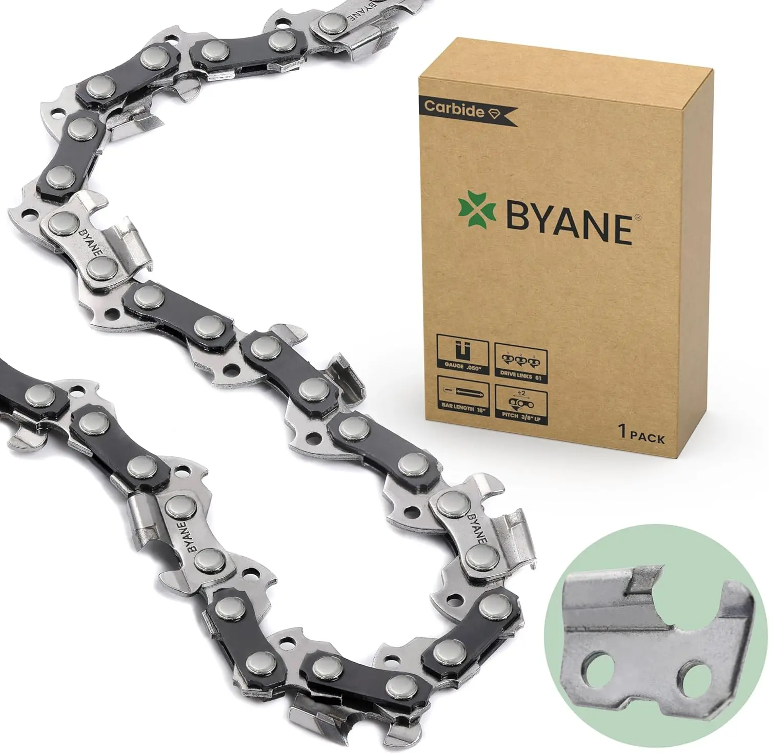 18-Inch Carbide Chainsaw Chain, 3/8" LP Pitch, .050" Gauge, 61 Drive Links for Stihl MS170, MS180, MS211, MS250, and 025 Models