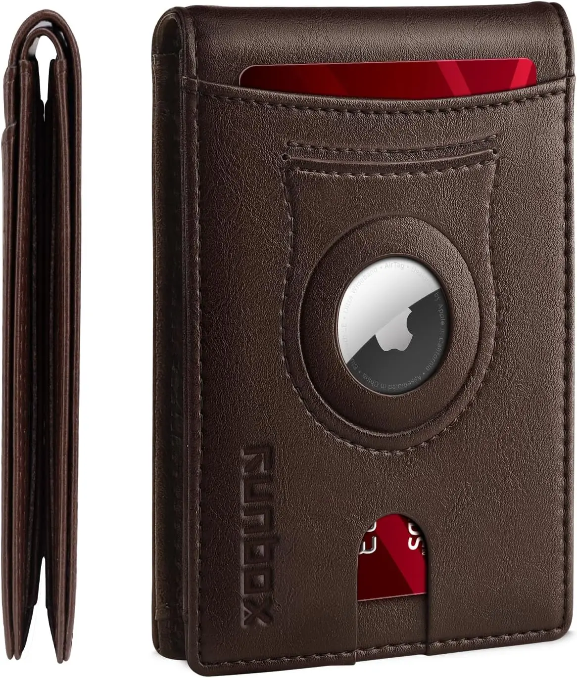 RUNBOX Men's Slim Genuine Leather Bifold Wallet, AirTag‑Compatible Holder, Bill Compartment & RFID‑Blocking Card Holder. Practical Premium Gift for Fathers & Men.