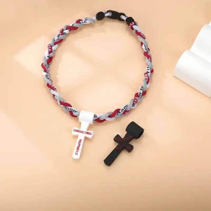 Boys' Baseball Necklace - Tornado Braided Silicone Rope with PHL 4:13 Cross Pendant, 3-Strand Design for Baseball & Softball Players, Durable Fashion Accessory for Sports, Games, Athletic Style, Birthday Gifts
