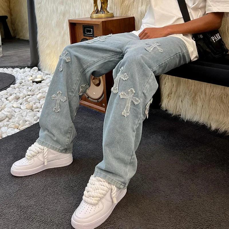 Sopula Studio Men's Streetwear Denim Cross Embroidery Jeans Ripped Straight Leg Blue Skateboard trousers