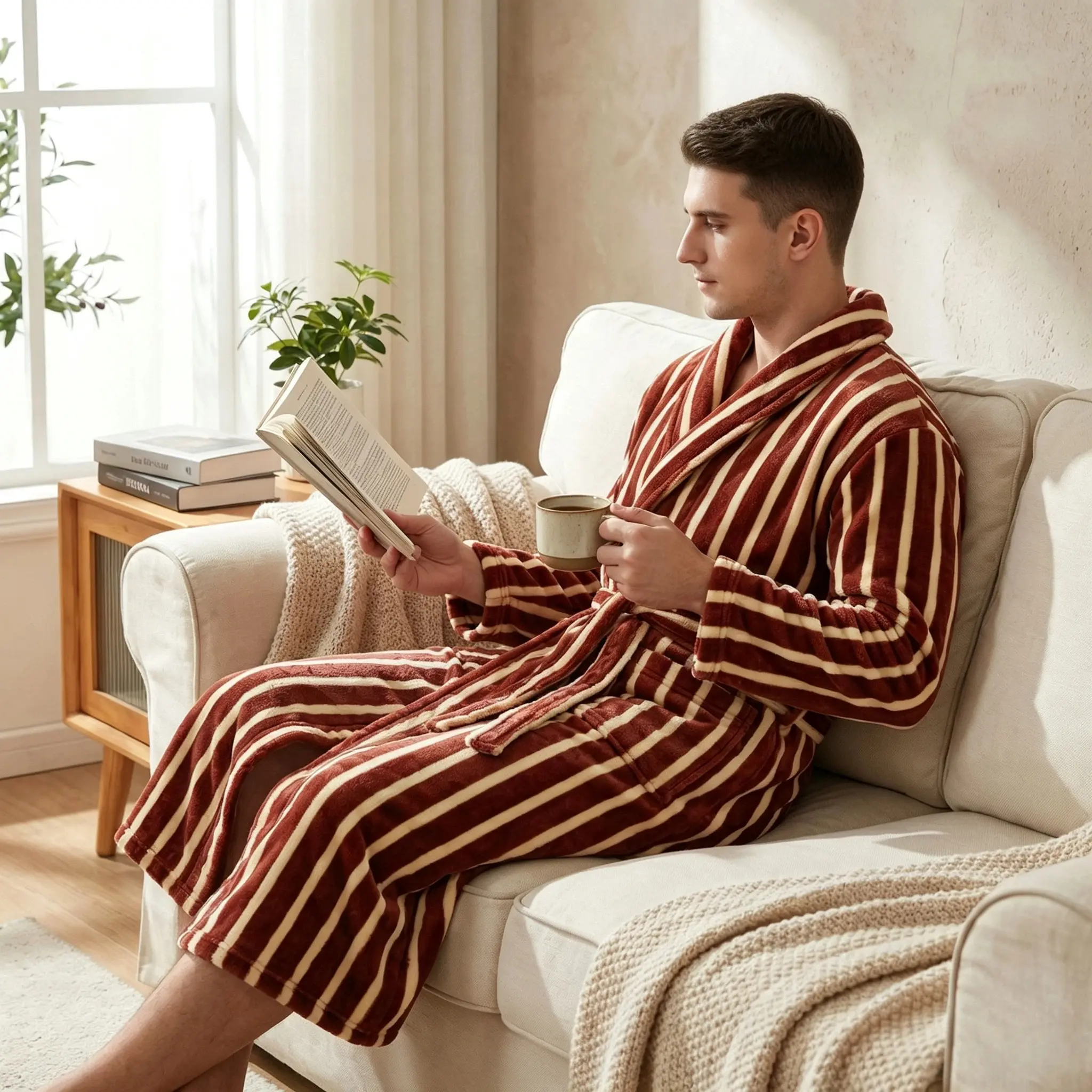 New Style Bathrobe with Thick Vertical Stripes - Long-Sleeved, Suitable for Both Men and Women, for Autumn and Winter, for Couples, as A Set of Home Wear