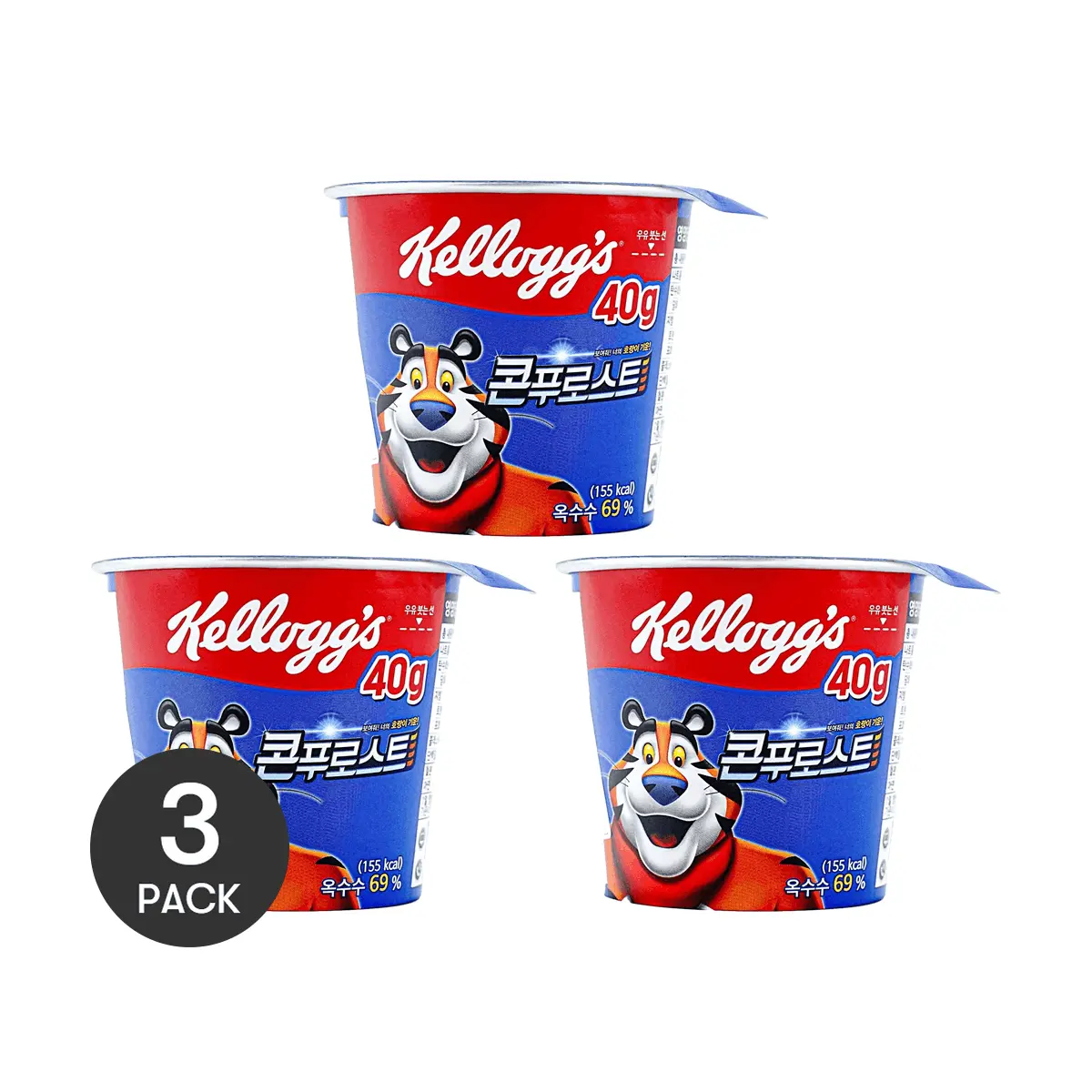 Kellogg's Corn Flakes Cups 3-Pack (40g Each) - Korean Version, 69% Corn, Instant Breakfast Cereal
