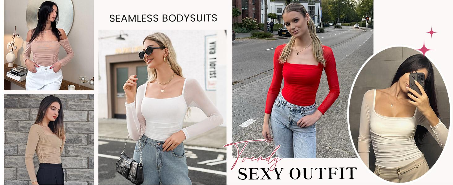 Avidlove Women's Square Neck Mesh Long Sleeve Bodysuit Shirts Ruched Body Suit  Sheer Tops Date Night Outfit All-season Thin Runs Small