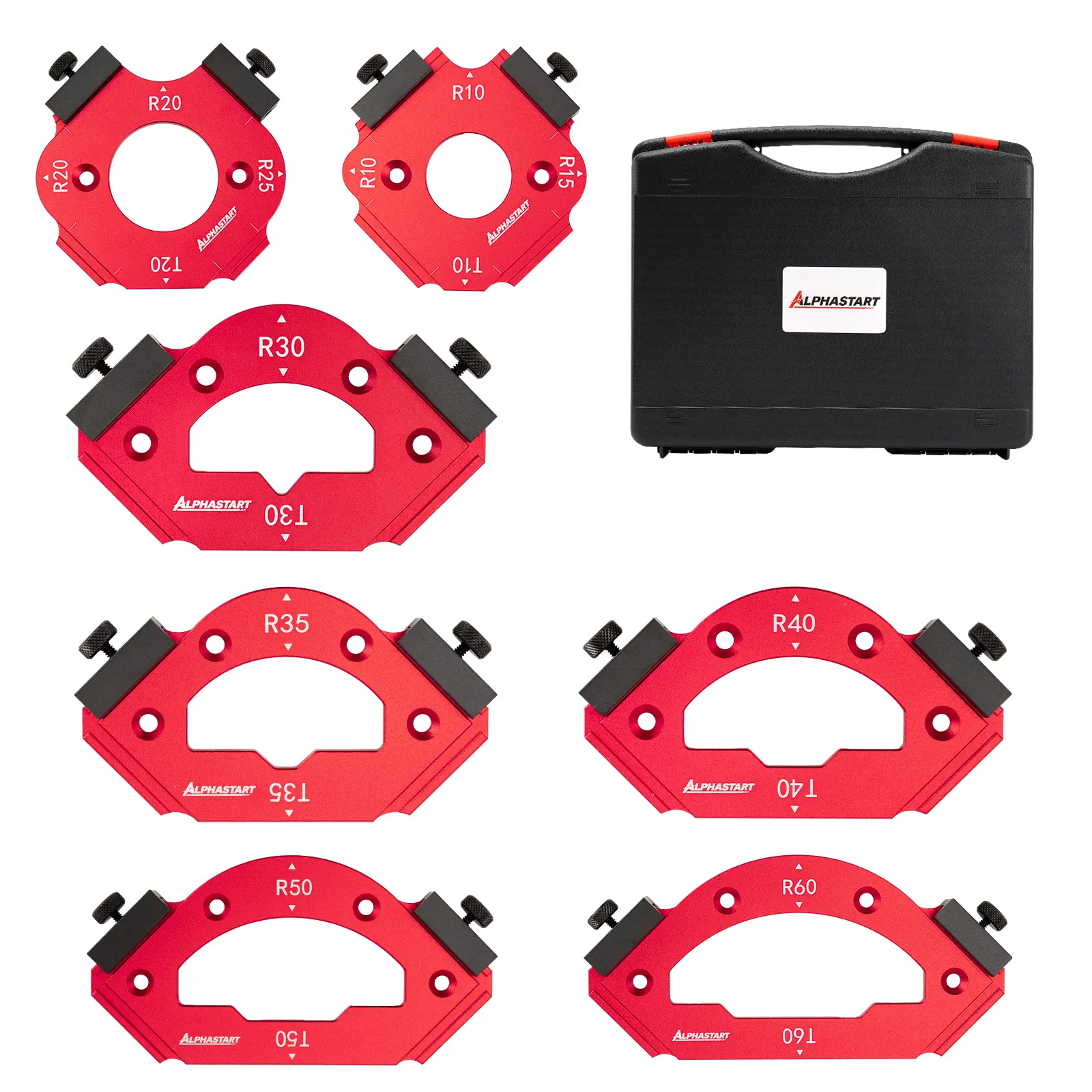 Alphastart 7Pcs Aluminum Router Radius Jig, 3 in 1 Corner Routing Template with 18 Sizes R10-T60, Woodworking Rounding Guide for Router Table