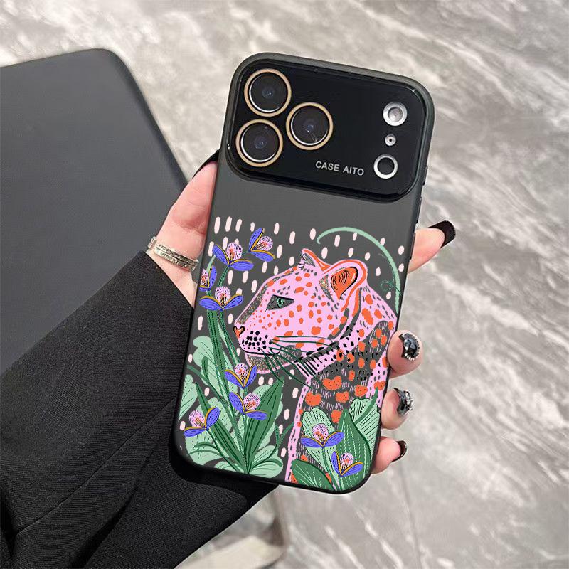 Pink Leopard Art Case for iPhone 17 Pro Max 17Air 17 16E 16 15 14 13 12, Ultra Skin-Friendly TPU, All-Inclusive Glass Lens Protection, Aesthetic Leopard Print Gift, Dopamine Ins Style Solid Color Cover, Shockproof Slim Case, Lens Window Design