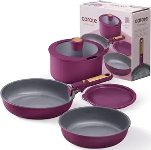 CAROTE Ceramic Pots and Pans Set, Nonstick Cookware Set Detachable Handle, 6pcs Induction Kitchen Cookware Sets Non Stick with Removable Handle, RV Cookware Set, Oven Safe, Purple