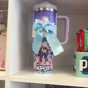 Kpop Water Drinking Cup with Purple Handle and Blue Bow for Fans