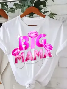 Big Mama Pink Lip Flower Sequin Pattern T-Shirt |   Women'S Round Neck, Short Sleeves, Slightly Stretchy Fabric |   Ideal For Summer/Autumn, Casual Wear, Perfect Gift For Thanksgiving, Christmas, New Year