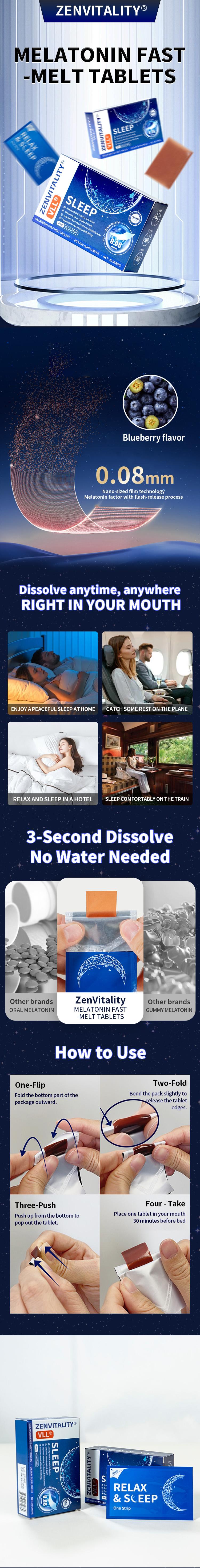 VLL Melatonin Fast-Melt Sleep Oral Strips – 5mg Melatonin Sleep Support | With L-Tryptophan, B6, B5, GABA | Sugar-Free | Blueberry Flavor | 30-Day Supply