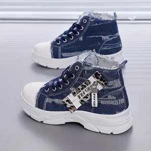 Comfortable High-Top Women's Denim Sneakers - Soft TPU Insole, Hand-Washable, All-Season Wear, Thick Sole, Casual Shoes with Side Zipper Girl Closed Trainer
