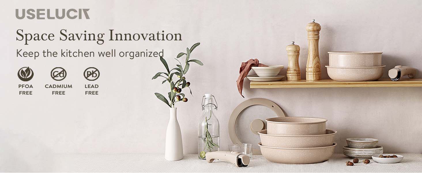 USELUCK 21-Piece Non-Stick Cookware Set with Hanging Rack, Removable Handles for Camping & Baking, Stackable Oven Safe RV Friendly Cookware, Multiple Colors and Combinations Available