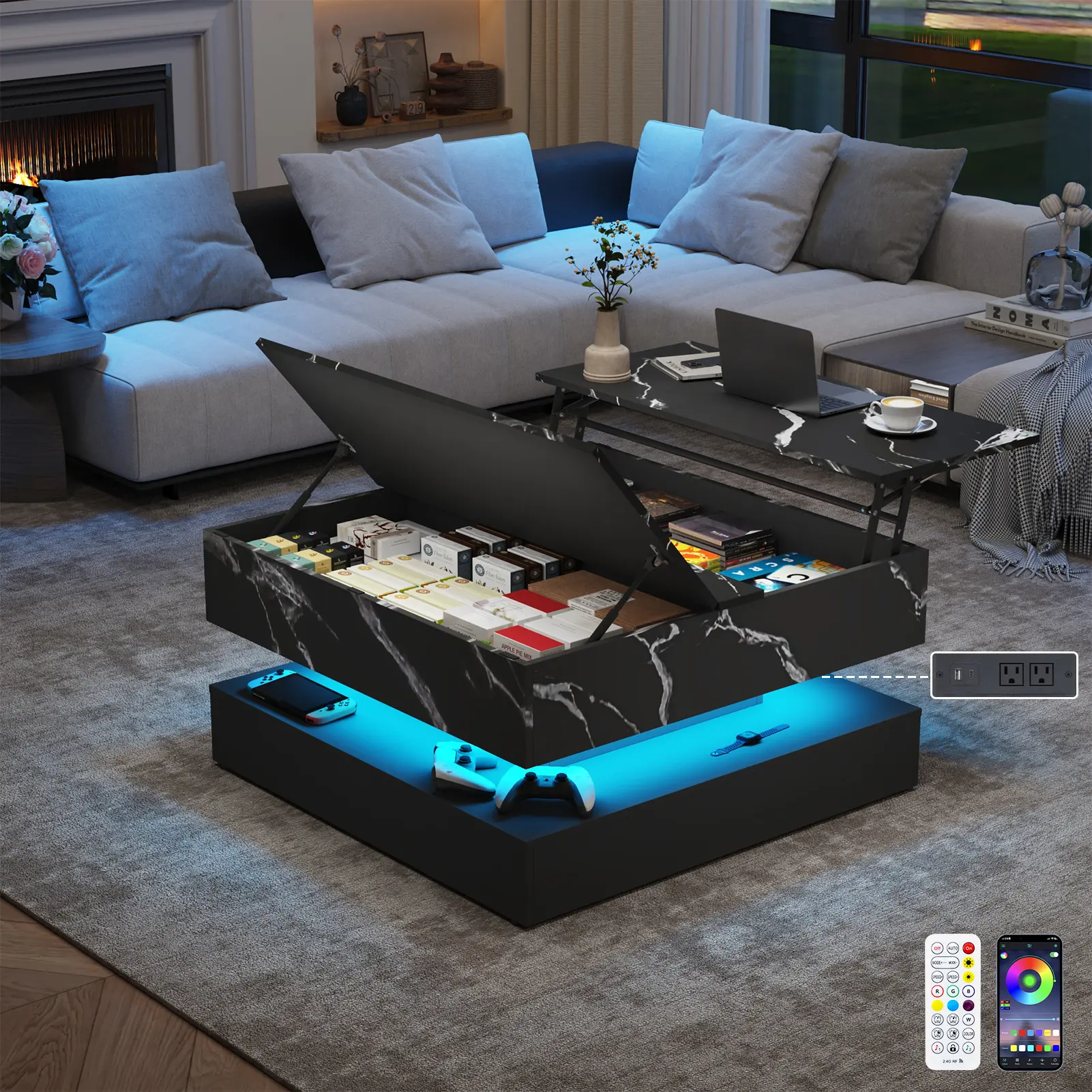 35.4" Large Square Coffee Table with Lifting top,Charging Station,Modern 2-Tier Square Center Table w/Hidden Compartment Storage,Tea Table with Wood Grain for Living Room, Office,Black Marble/Black