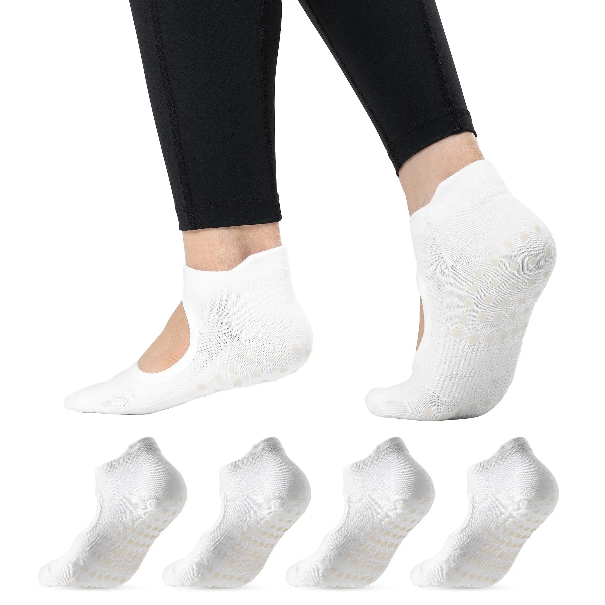 2 Pairs CoolMate Pilates Socks with Grips for Women, Yoga Socks, Crew Non Slip Women for Barre, Pilates Gifts (White)