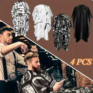 1Set 4PCS Professional Hair Cutting Cape Salon Barber Cape for Men, Women(Barber Supplies Pattern) Strings & Adjustable Snap Closure summervibes