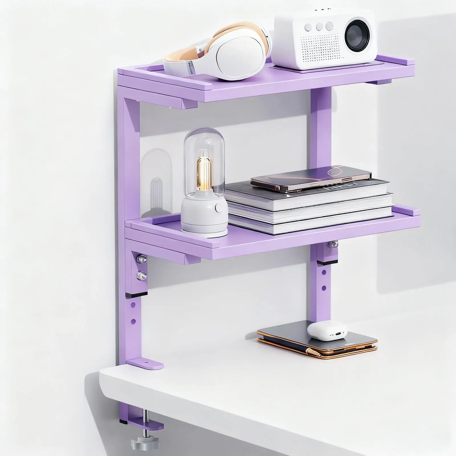 clamp on Desk Shelf, 2 Tier Office Desk Shelves Organizer, Wood Desktop Supplies Storage Rack, Desk Organizers and Accessories (Purple)