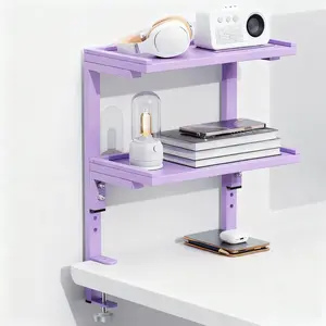 clamp on Desk Shelf, 2 Tier Office Desk Shelves Organizer, Wood Desktop Supplies Storage Rack, Desk Organizers and Accessories (Purple)