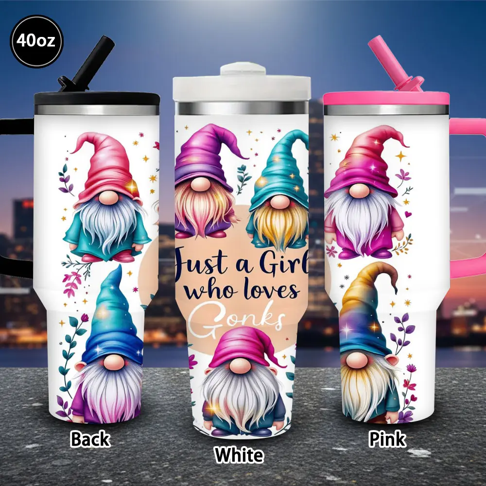 1pc 40oz Whimsical Fantasy Gnomes, Colorful Hats, Nature Elements, Just a Girl who Loves Gnomes Tumbler with Lid and straw, Winter Insulated Travel Mug, Gift for Women Men, Ideal for Valentine's Day, Easter, Birthday Gift, Coffee Cup