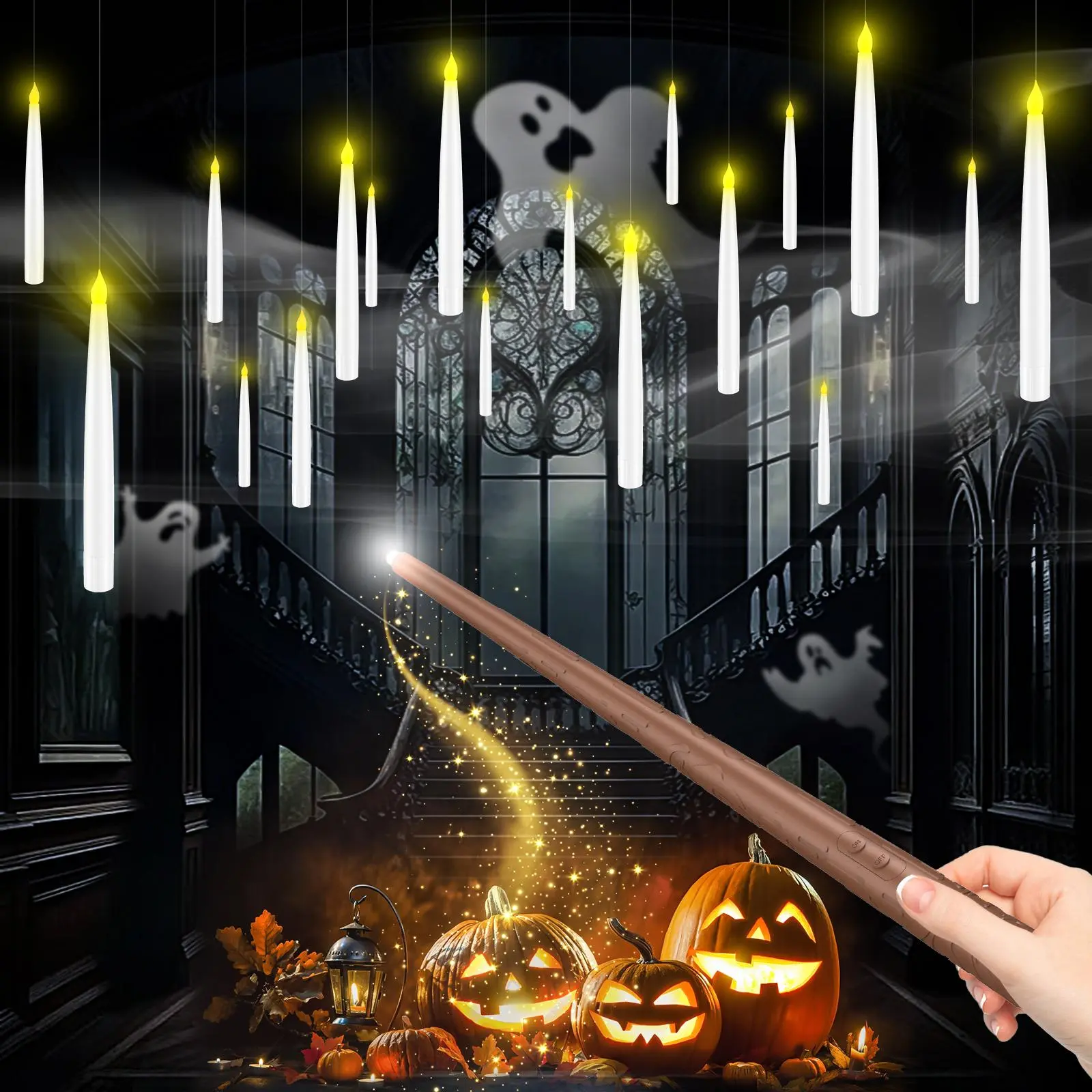 Flameless Candles with Magic Wand Remote for Christmas Decor, 6.6" Floating Candles Battery Operated Hanging Window Candles, Flickering Electric LED Candle for Christmas Halloween Decorations,back to school,back to school haul