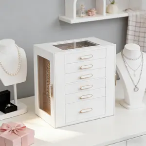 BOOVO 6-Layer Large Glass-Lid Multifunctional Jewelry Organizer Jewelry Box, Large Capacity Lockable  Jewelry Organizer with Double Side Doors, Clear Display Storage for Necklaces & Rings for Women