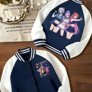 K-POP Theme Short Baseball Jacket for Girls, Bright Blue & White Color Block, Trendy Girl Group Character Print Front & Back, Warm Spring Autumn Outerwear for 4-14Y