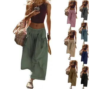 Mundoven Women's Loose Wide Leg Track Pants Drawstring Pockets Elastic Waist Capri Hiking Pants