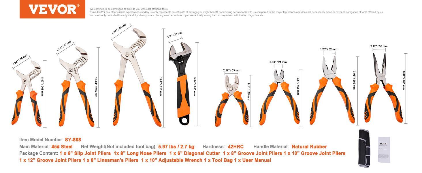 VEVOR 8-Piece Pliers Set, High Carbon Steel, 12"/10"/8" Groove Joint Pliers, 8" Linesman's Pliers, 6" Slip Joint Pliers, 8" Long Nose Pliers, 6" Diagonal Cutter, 10" Adjustable Wrench, and Tool Bag VEVOR 8-Piece Pliers Set, High Carbon Steel, 12"/10"/8" Groove Joint Pliers, 8" Linesman's Pliers, 6" Slip Joint Pliers, 8" Long Nose Pliers, 6" Diagonal Cutter, 10" Adjustable Wrench, and Tool Bag