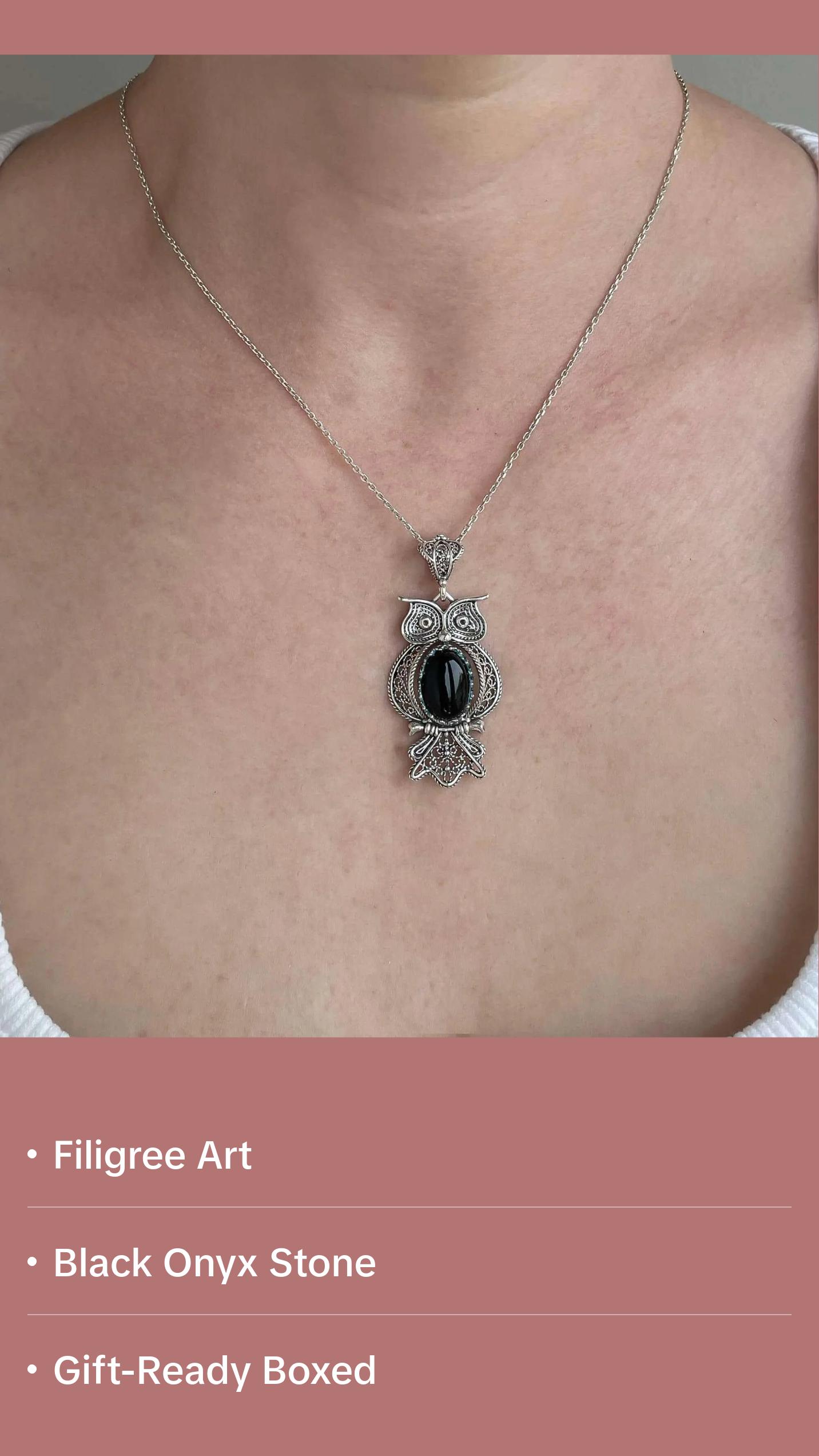 Filigree Art Owl Figured Black Onyx Gemstone Women Silver Pendant Necklace