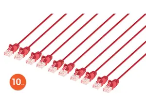 Intellinet Cat6 U/UTP Slim Network Patch Cable, 7 ft., Red, 10-Pack, 10G, 250 MHz, 100% Copper, 30 AWG, RJ45, Stranded, Snag-free, Gold-plated Contacts