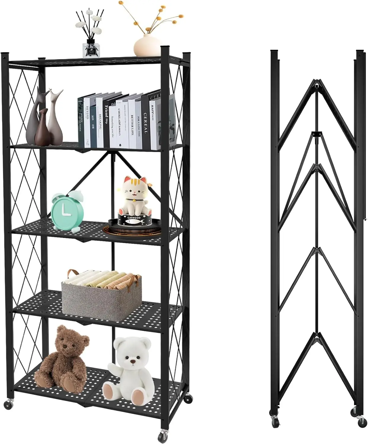 5 Tier Foldable Storage Shelves, Expandable Folding Shelving Units with Wheels, Changeable into 2 Shelf Units, Collapsible Adjustable Storage Rack Metal Shelves for Storage, Pantry, Garage, Kitchen