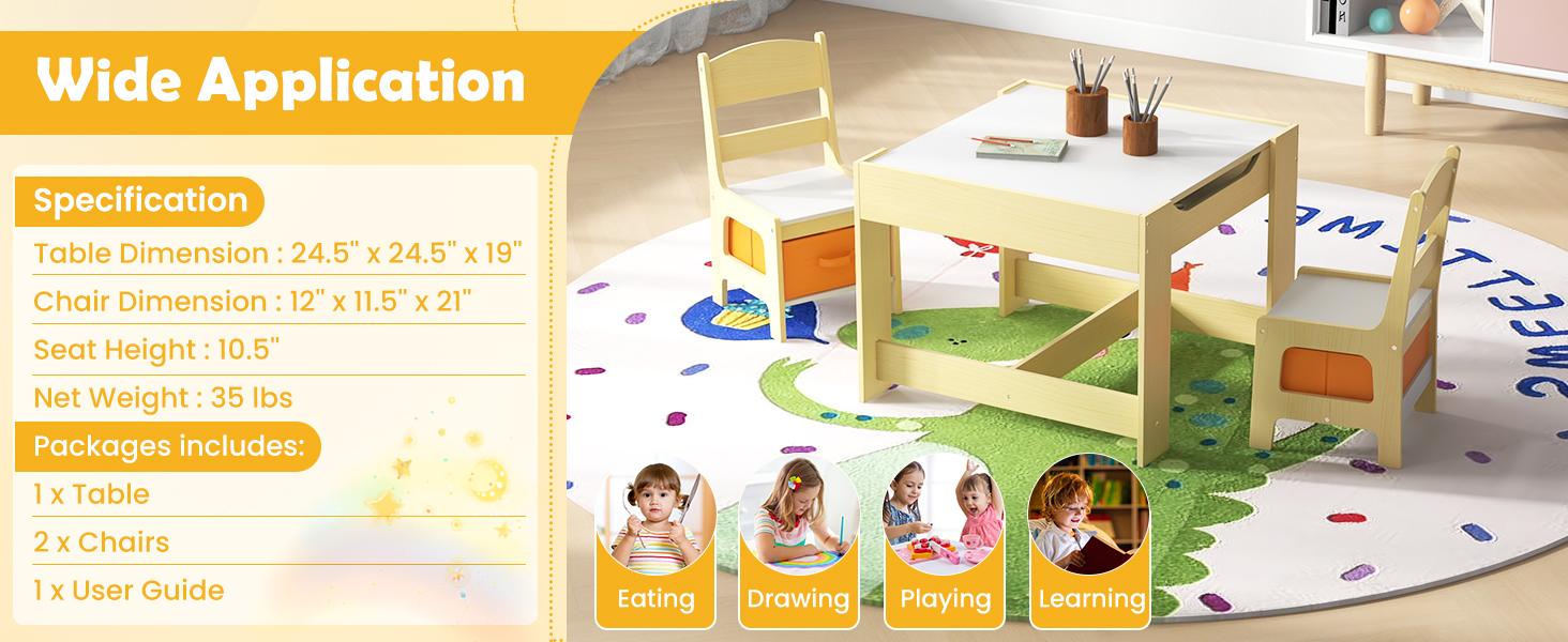 Costzon Kids Table and Chair Set, 3 in 1 Wooden Activity Table with Storage Space, Detachable Tabletop for Playroom, Nursery,Christmas Festival Gift Black Friday Cyber Monday