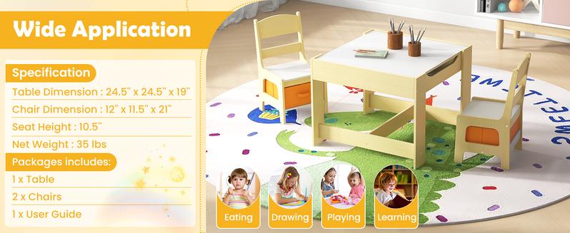 Costzon Kids Table and Chair Set, 3 in 1 Wooden Activity Table with Storage Space, Detachable Tabletop for Playroom, Nursery,Christmas Festival Gift Black Friday Cyber Monday