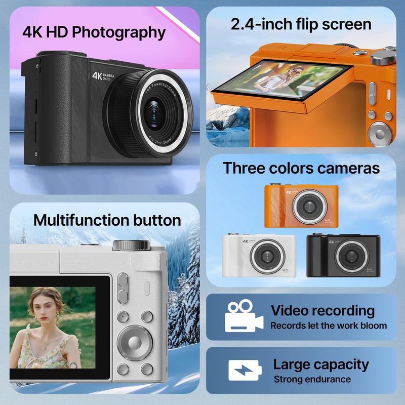 4K Photo Digital Camera - Autofocus Vlogging Camera with 64GB SD Card, WiFi, 18x Zoom, 3" 180° Flip Screen, Compact Travel Camera for Teens and Beginners Q5-Black