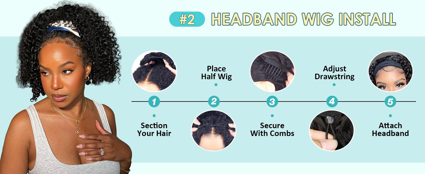 [3 In 1 Half Wig] Hot Star Kinky Curly Wear Go Glueless Wigs Human Hair Wigs for Women Drawstring Seamless Flip Headband Wig Beginner Friendly