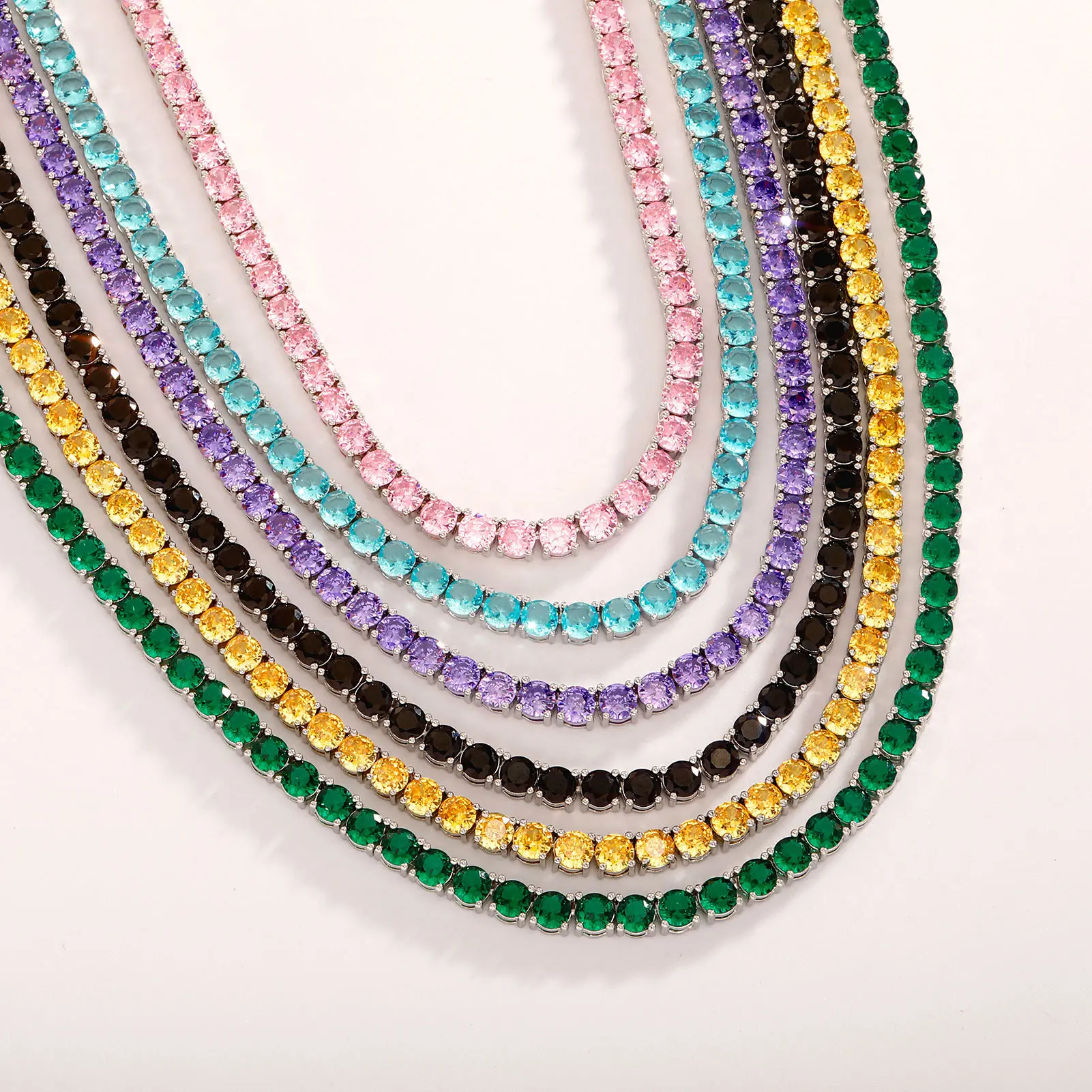 Iced Out Multi Color Rainbow Tennis Necklace, Full Color CZ Zircon Tennis Chain Necklace Hip Hop Stack Jewelry For Men Women