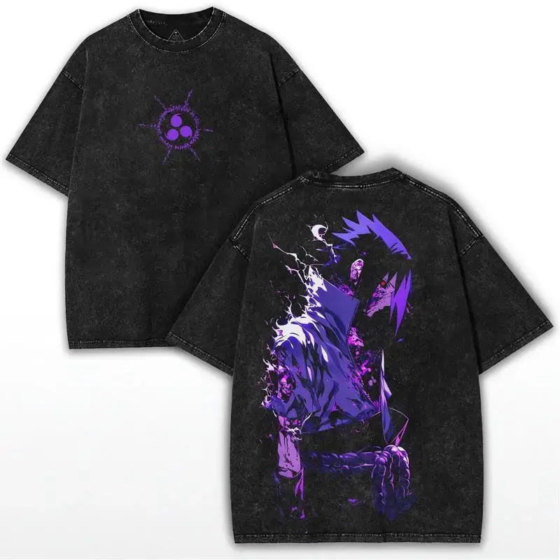 Unisex Sasuke Anime Graphic Top, Washed Streetwear Round Neck Tee in Super Soft 100% Cotton Fabric, Garment Dyed and Pre-Shrunk, Super Soft Cotton