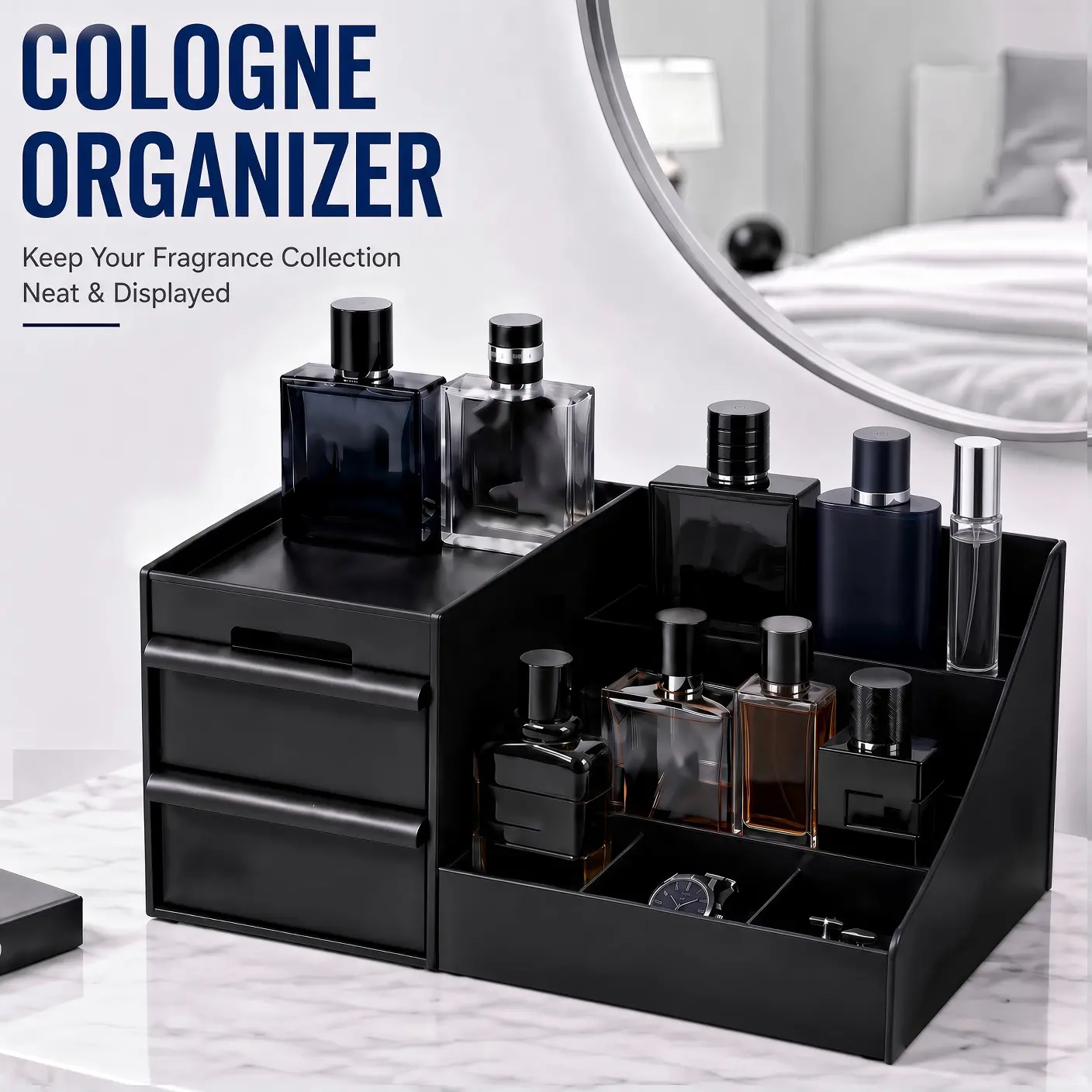 Men's Cologne perfume storage box - cosmetic storage box, bathroom countertop organizer, durable plastic cosmetic storage container, multi-layer cosmetic box with drainage design, multi-functional storage box