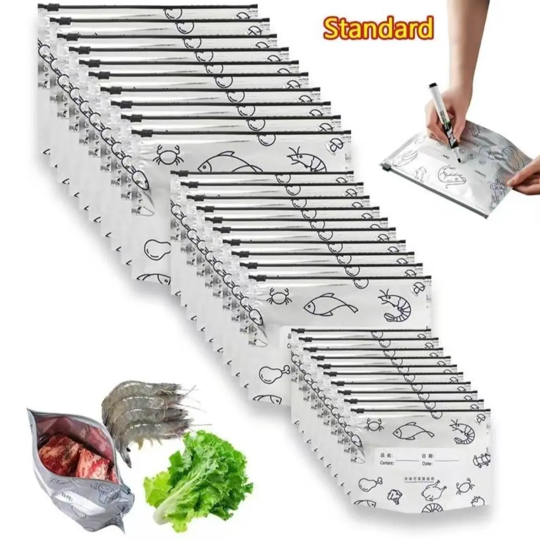 30pcs Reusable Aluminum Foil Storage Bags - 3 Sizes (10S+10M+10L) 2026 Resealable Vacuum Zipper Pouches with Labels, Stand-Up Produce Storage Containers for Kitchen Food Organizing Fruits, Large Storage Bags