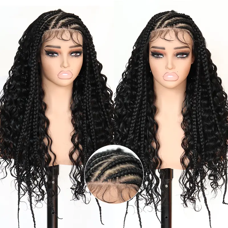 U&A Hair 13X6 HD Lace Frontal Half Braided Curly Wigs Synthetic Half-Cornrows Half-Curly Wig with Baby Hair Pre Styled Braid Wigs