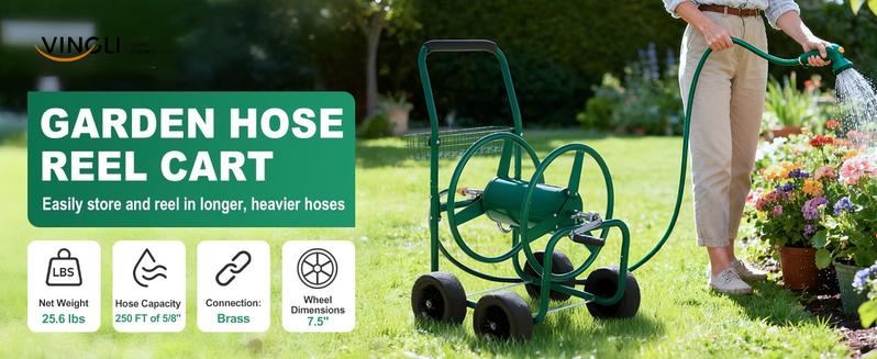 VINGLI Garden Hose Reel Cart, Lawn Water Planting Cart with Wheels, Heavy Duty Outdoor Yard Water Planting Truck Holds 250-Feet of 5/8-Inch Hose with Storage Basket for Patio Farm(Green)
