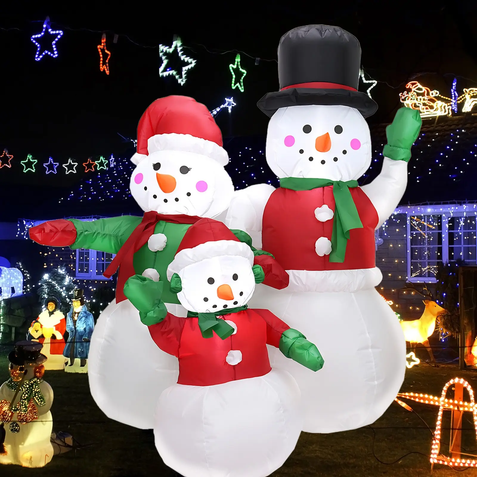 5 Ft Waterproof Polyester Christmas Inflatable Snowman Family Decor - Built-in LED Lights, Outdoor Yard Lawn Tree Decor, Dad-Focused Holiday Party Supply with Storage Bag
